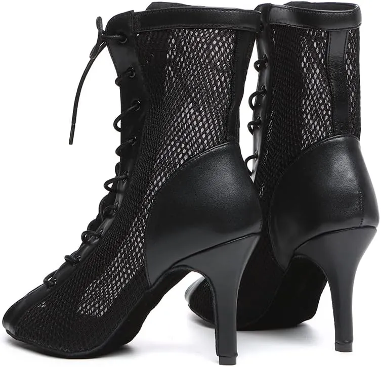 DKZSYIM Women's Open Toe Dance Boots Rhinestone Salsa Ballroom Lace-up Ankle Dance Shoes,Model YCL501