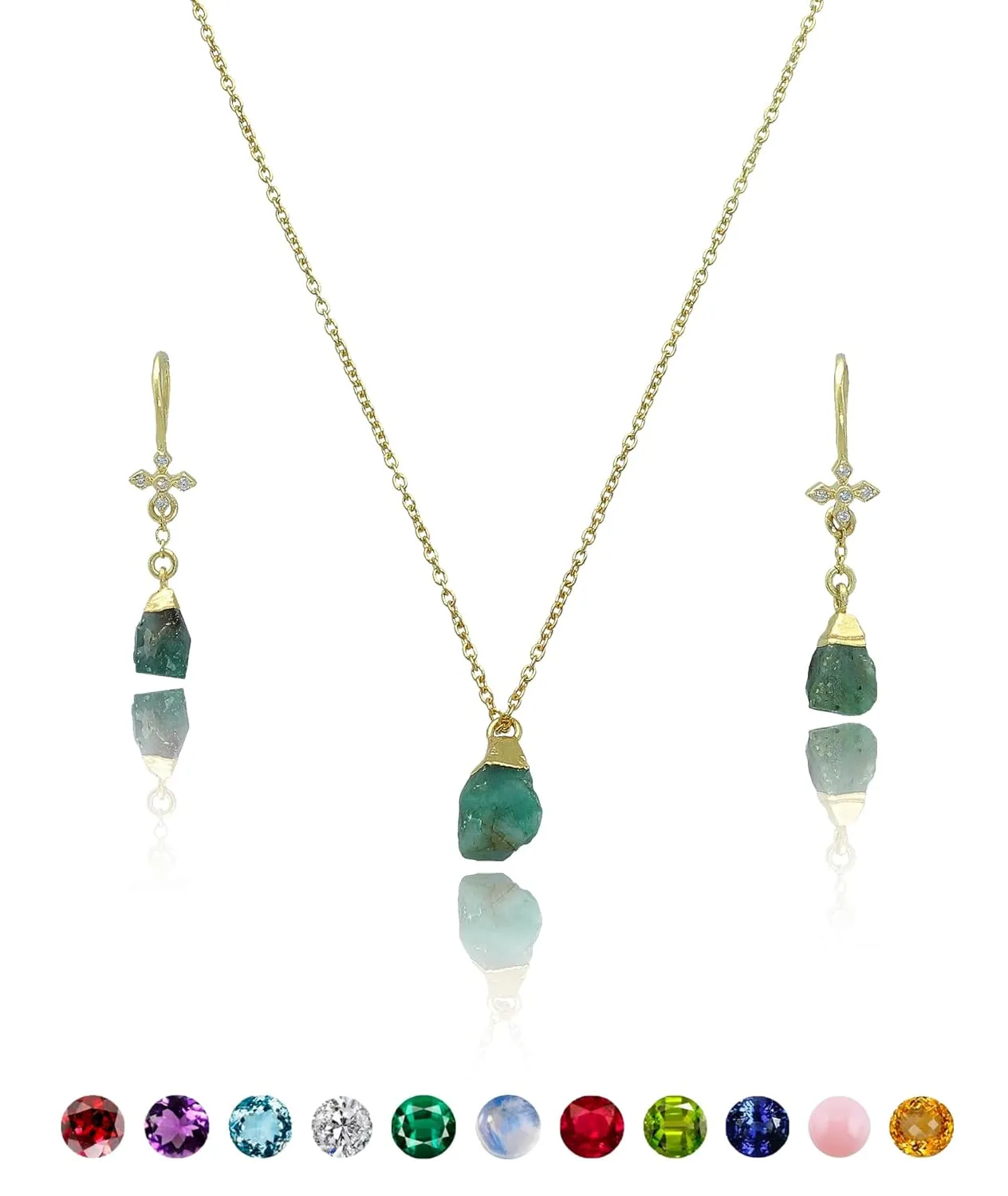 Emerald Necklace for Women - Authentic 925 Sterling Silver Necklace 18K Gold Jewelry, Dainty Raw Pendant Earring Set Necklace for Teen Girls, May Birthstone Gift for Mothers Day