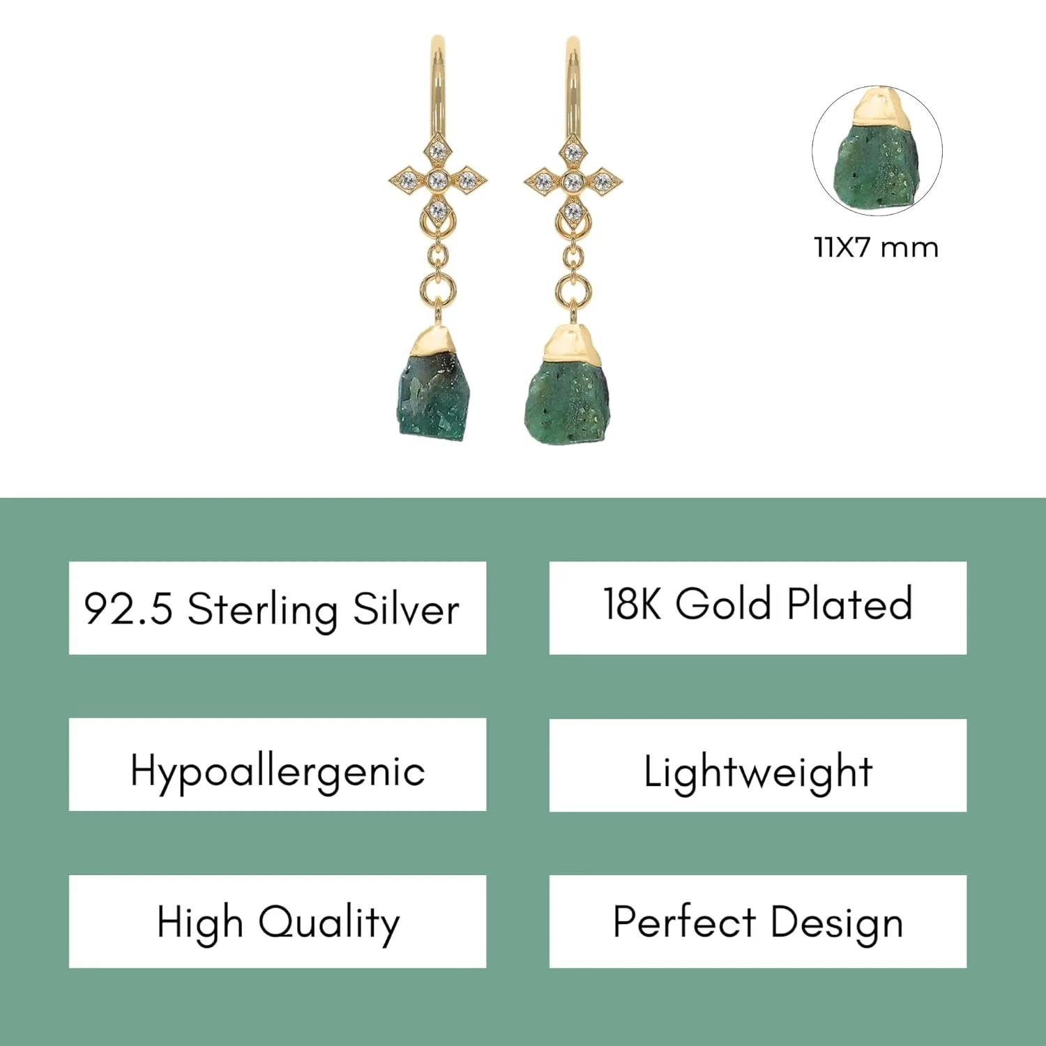 Emerald Necklace for Women - Authentic 925 Sterling Silver Necklace 18K Gold Jewelry, Dainty Raw Pendant Earring Set Necklace for Teen Girls, May Birthstone Gift for Mothers Day