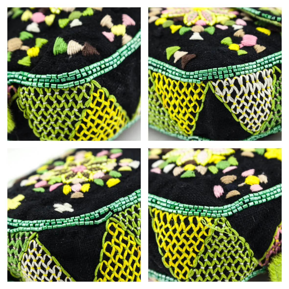 Fendi Black & Pink Floral Embroidered Pony Hair Baguette Bag
