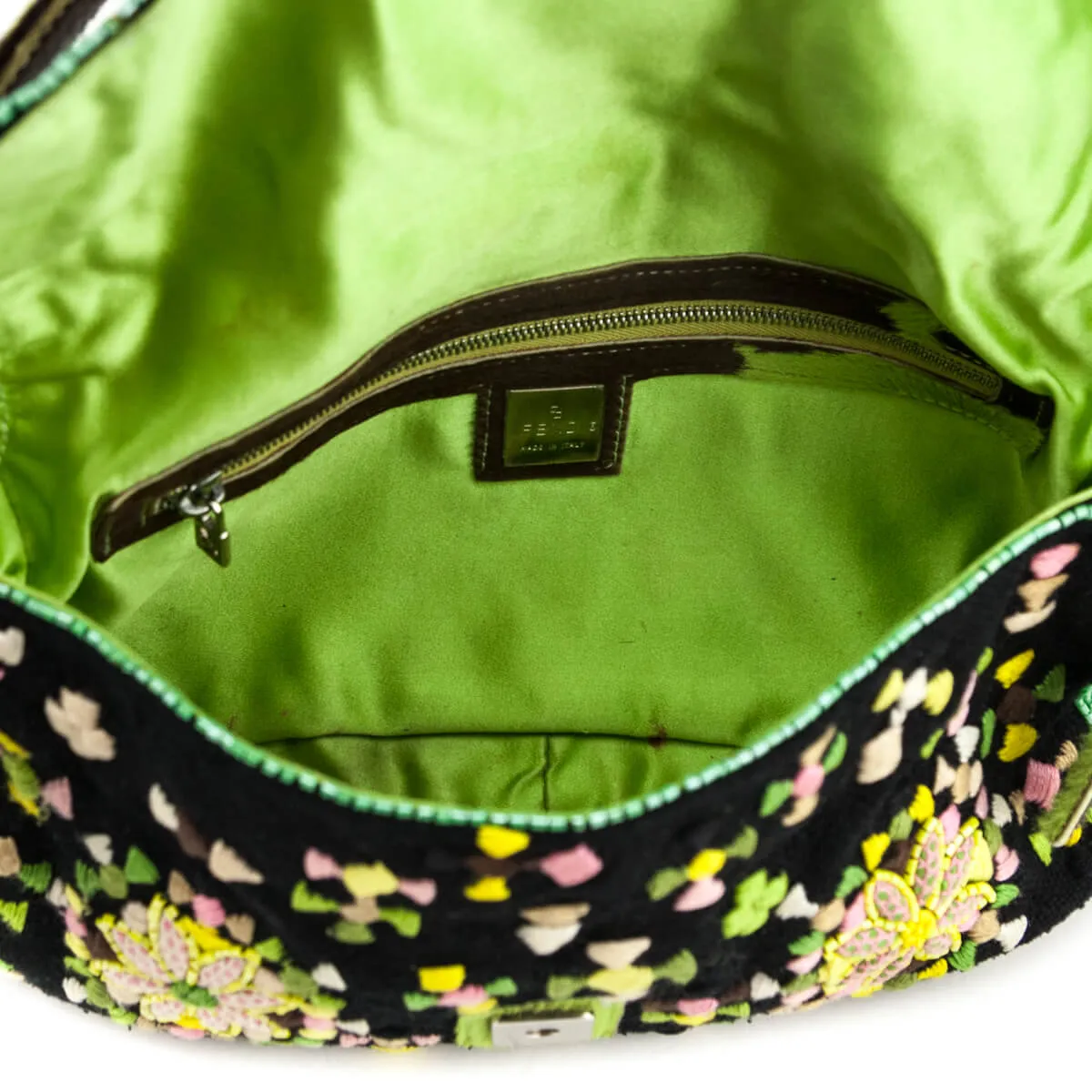 Fendi Black & Pink Floral Embroidered Pony Hair Baguette Bag