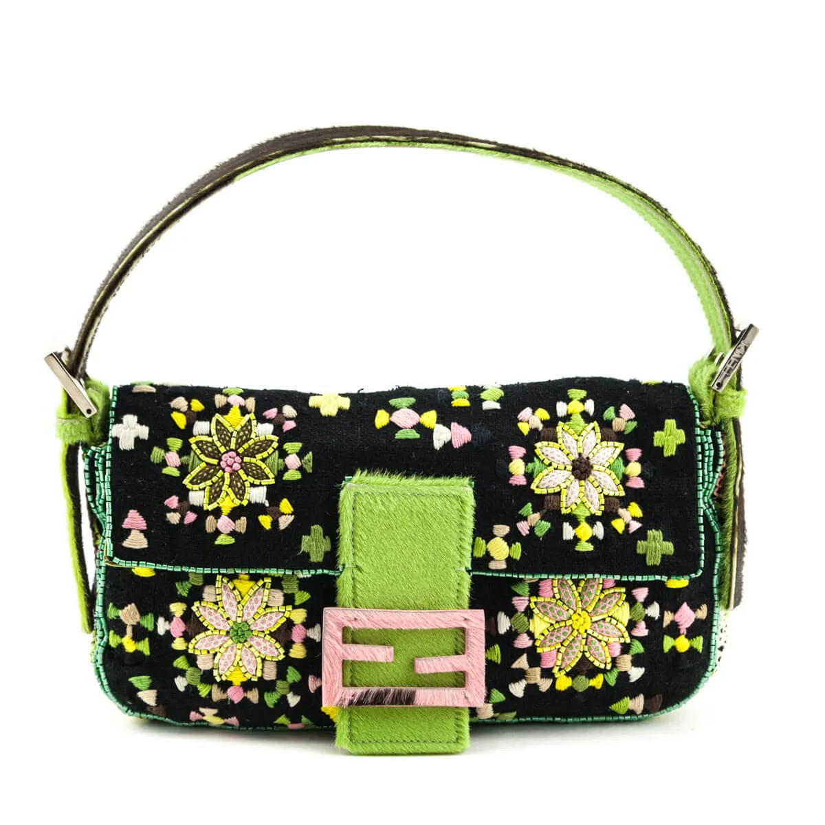 Fendi Black & Pink Floral Embroidered Pony Hair Baguette Bag