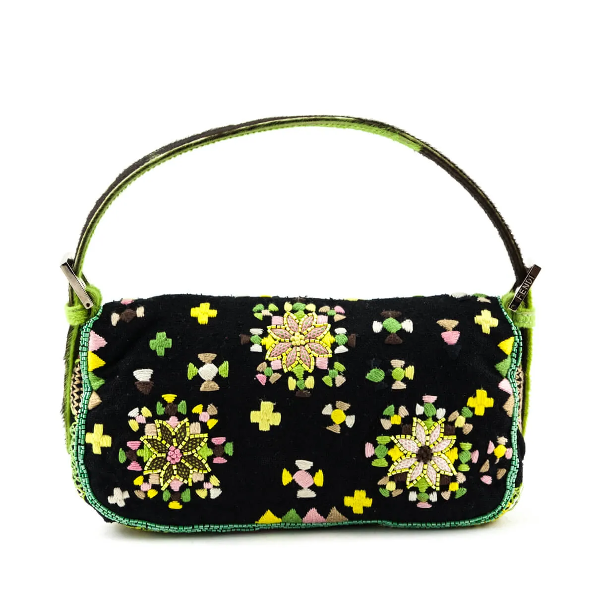 Fendi Black & Pink Floral Embroidered Pony Hair Baguette Bag