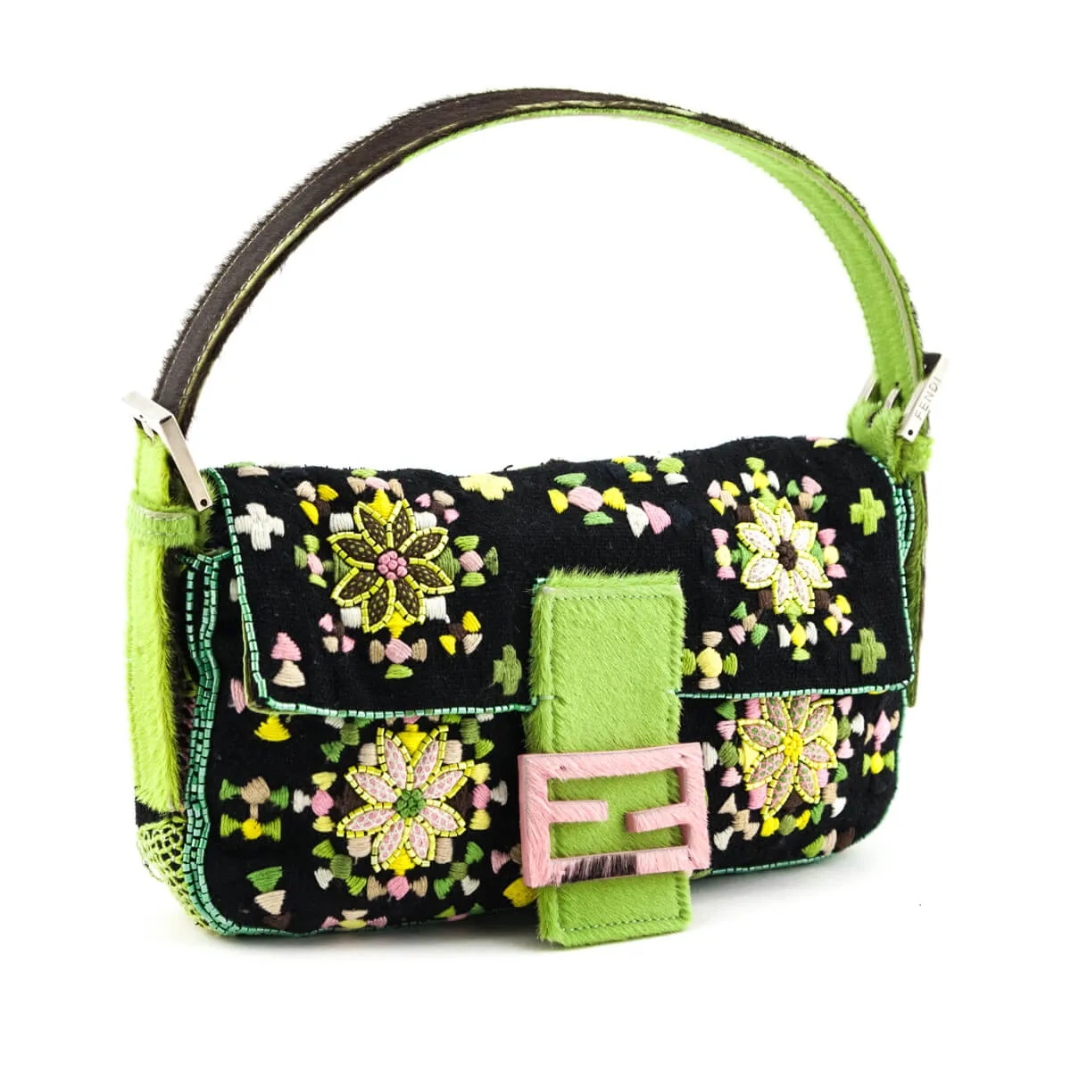 Fendi Black & Pink Floral Embroidered Pony Hair Baguette Bag
