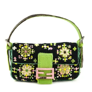 Fendi Black & Pink Floral Embroidered Pony Hair Baguette Bag