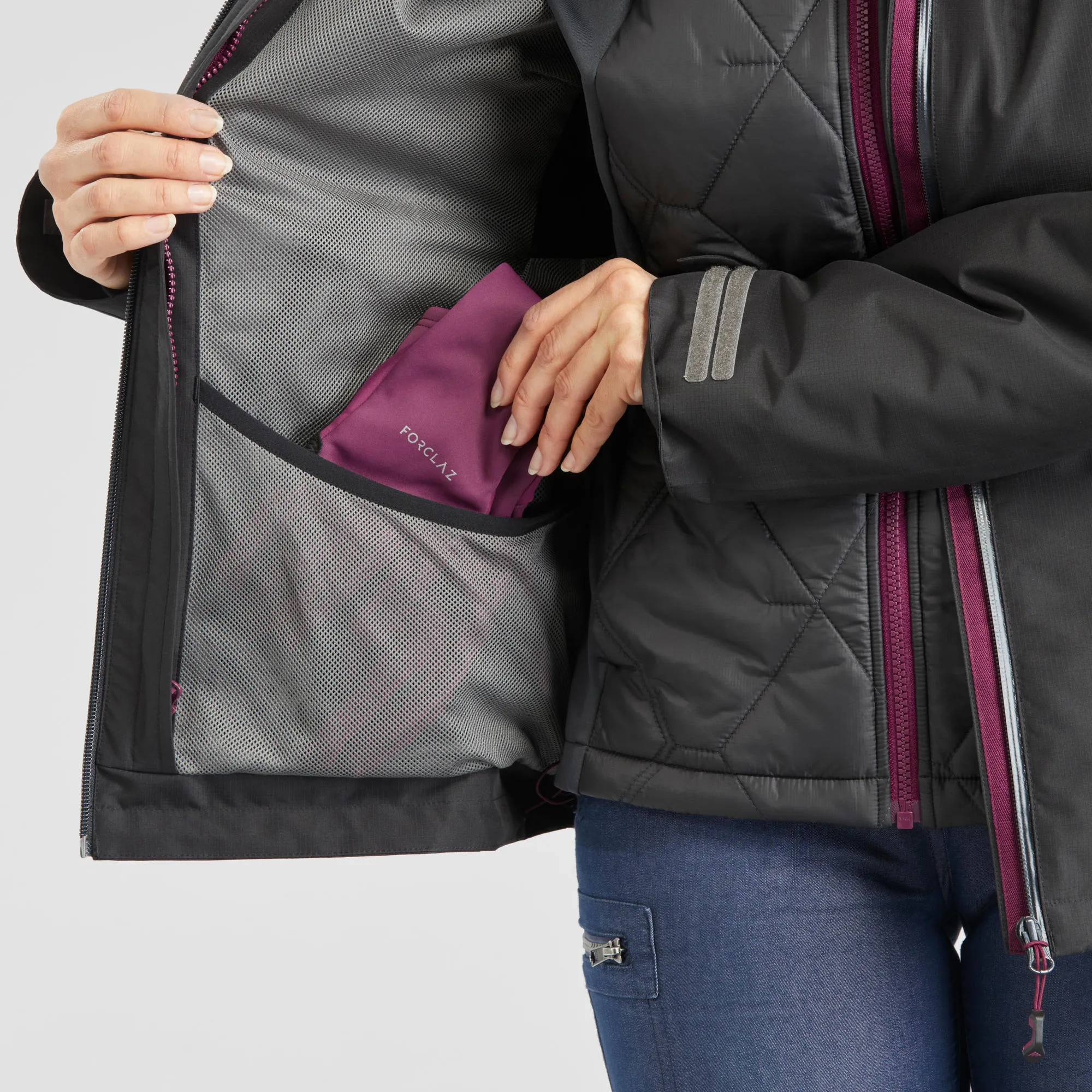 Forclaz Women's Travel Backpacking Waterproof 3-in-1 Jacket Travel 500 17.6F
