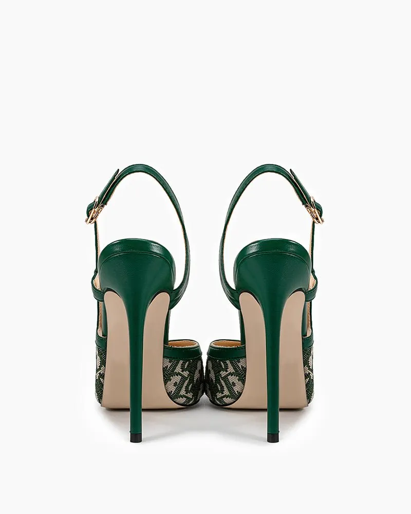 Green Print Pointed Toe Slingback High Heel Pumps