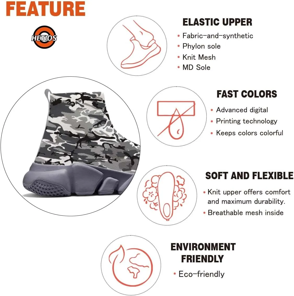 Hetios Men's Camouflage Shoes - Lightweight Breathable Walking Shoes Sock Shoes Workout Casual Running Shoes