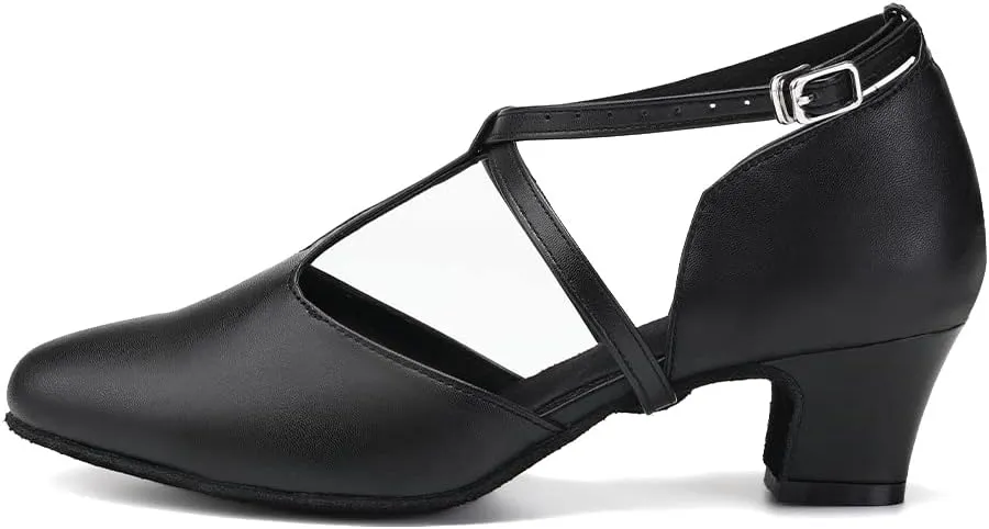 JUODVMP Women's Dance Shoes Leather Cross Strap Character Dance Shoes Ladies Modern Tango Salsa Heels