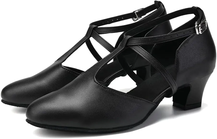JUODVMP Women's Dance Shoes Leather Cross Strap Character Dance Shoes Ladies Modern Tango Salsa Heels