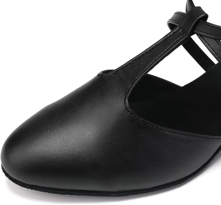 JUODVMP Women's Dance Shoes Leather Cross Strap Character Dance Shoes Ladies Modern Tango Salsa Heels