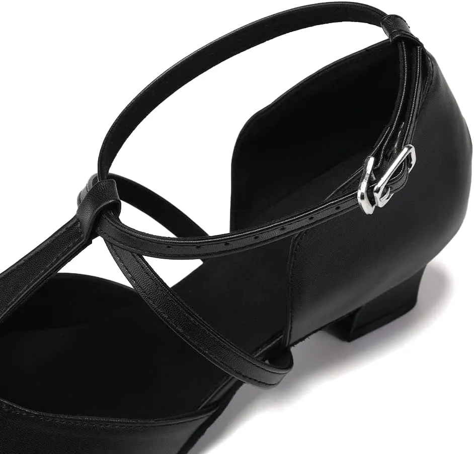 JUODVMP Women's Dance Shoes Leather Cross Strap Character Dance Shoes Ladies Modern Tango Salsa Heels