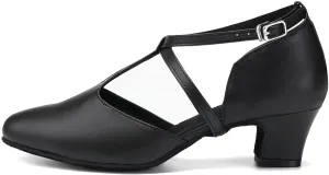 JUODVMP Women's Dance Shoes Leather Cross Strap Character Dance Shoes Ladies Modern Tango Salsa Heels