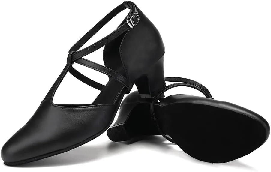 JUODVMP Women's Dance Shoes Leather Cross Strap Character Dance Shoes Ladies Modern Tango Salsa Heels