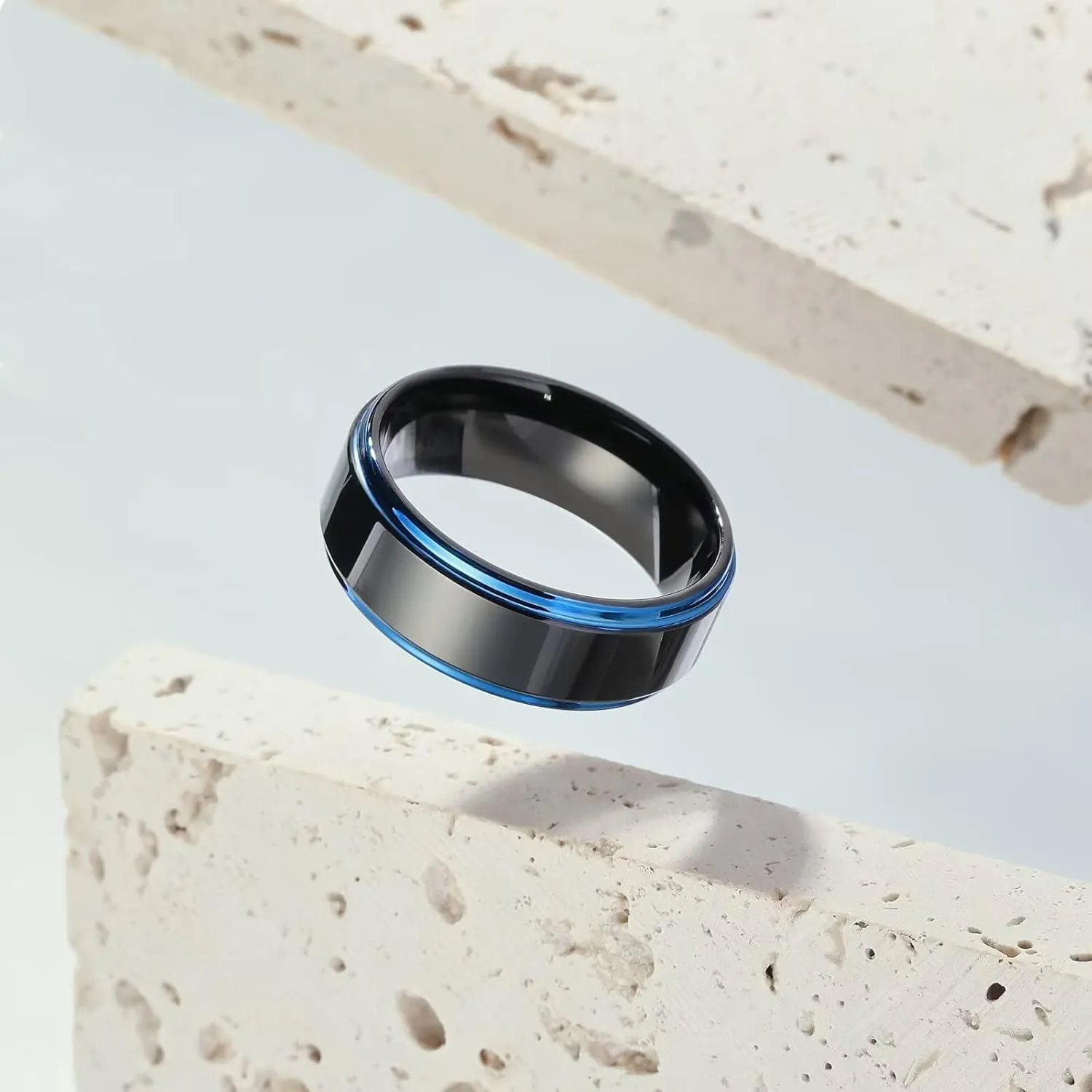 King Will 8mm Black Silver Mens Polished Tungsten Wedding Rings High Polish Surface Wedding Band Blue Silver Step Edge Comfort Fit
