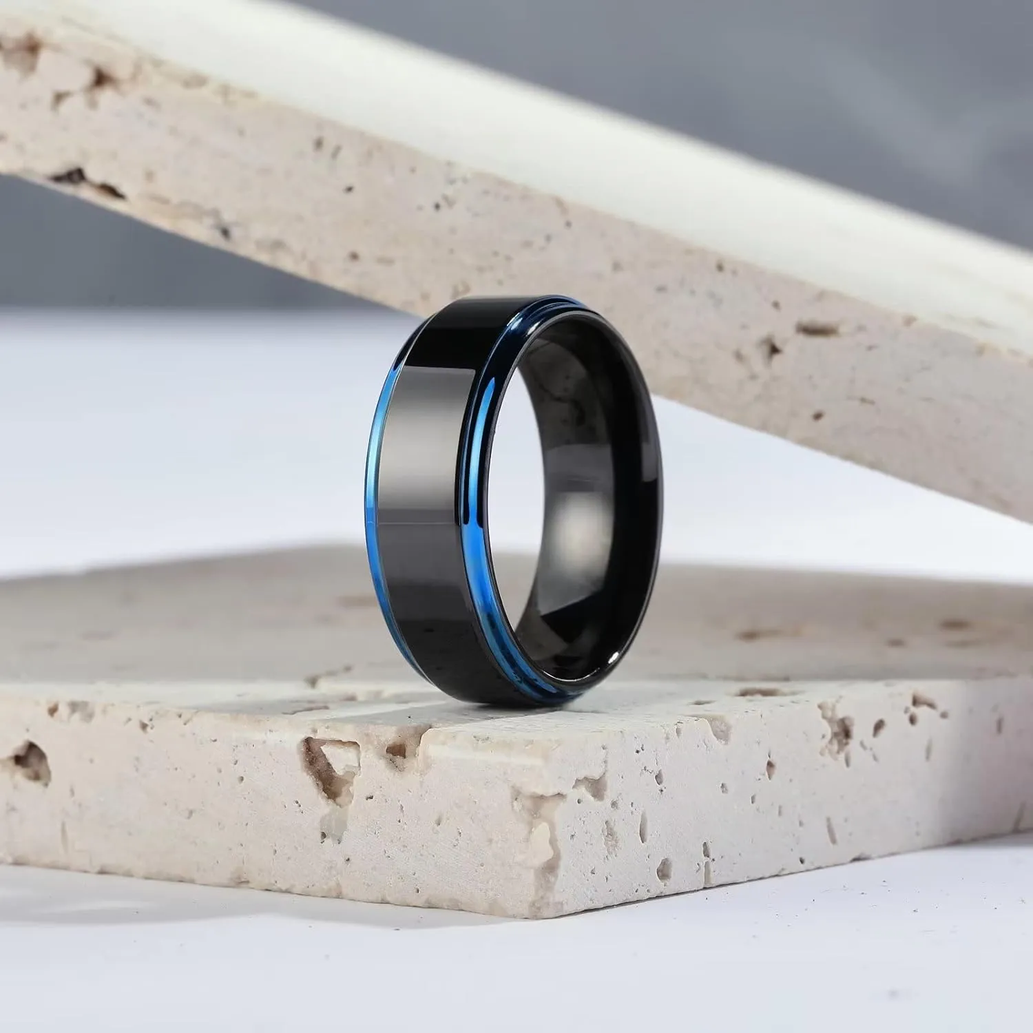 King Will 8mm Black Silver Mens Polished Tungsten Wedding Rings High Polish Surface Wedding Band Blue Silver Step Edge Comfort Fit