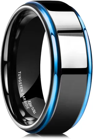 King Will 8mm Black Silver Mens Polished Tungsten Wedding Rings High Polish Surface Wedding Band Blue Silver Step Edge Comfort Fit