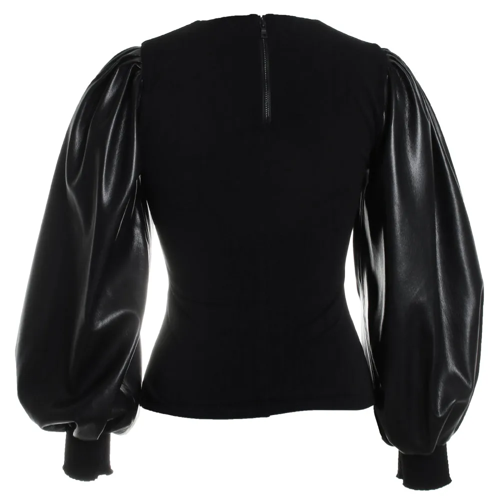Latoria Crewneck Top w/ Vegan Leather Sleeve