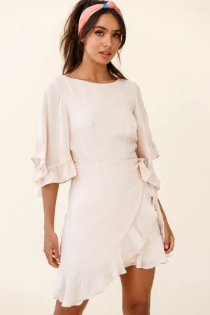 Make It Happen Flared Sleeve Ruffle Trim Dress Beige