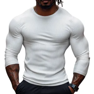 Men's Casual Cotton Blended Ribbed Round Neck Slim Fit Long Sleeve T-Shirt 92306363M