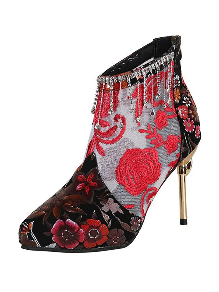 Mesh Pactwork Embroidery Heels Boots