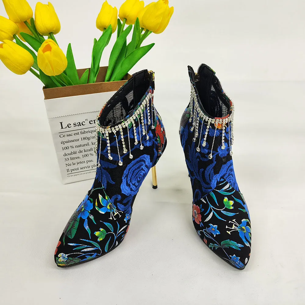 Mesh Pactwork Embroidery Heels Boots