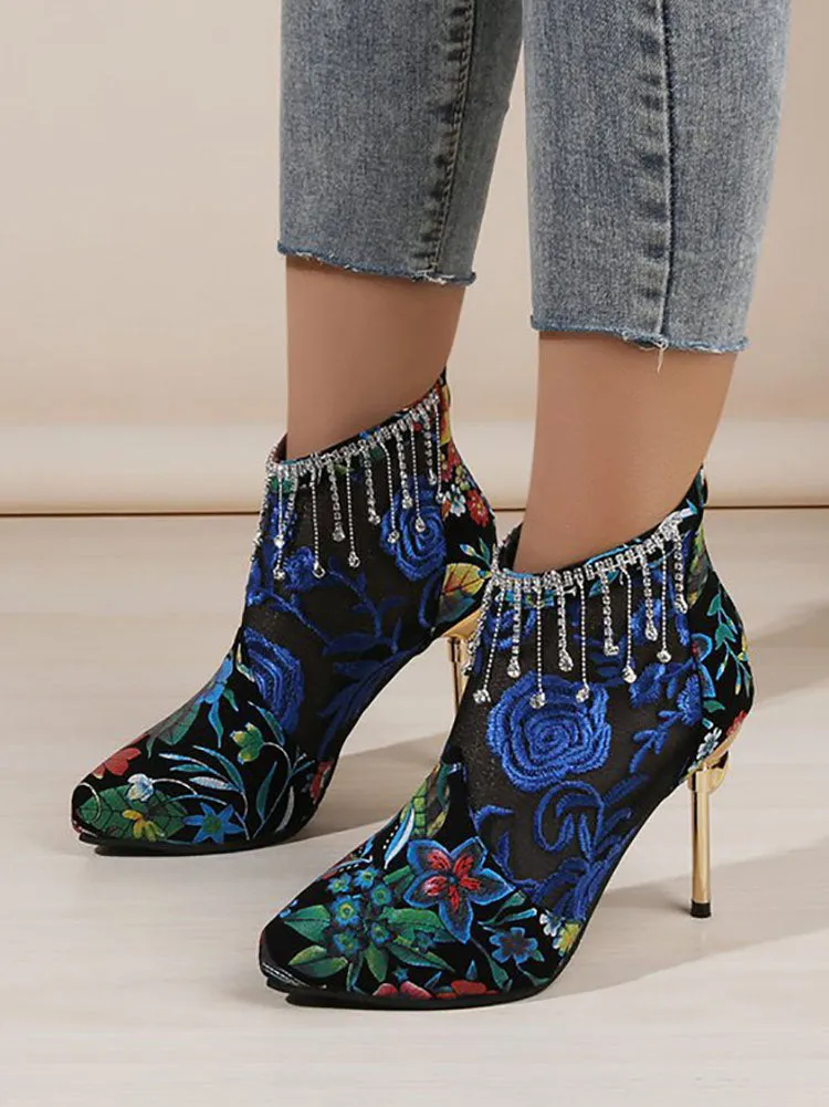 Mesh Pactwork Embroidery Heels Boots
