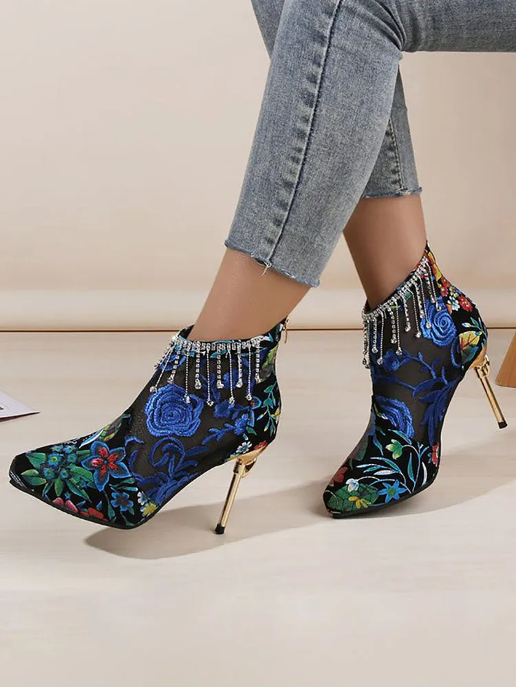 Mesh Pactwork Embroidery Heels Boots