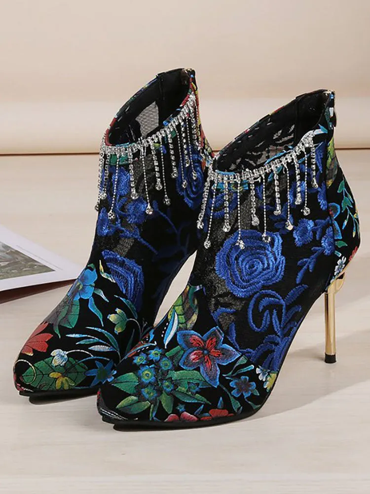 Mesh Pactwork Embroidery Heels Boots
