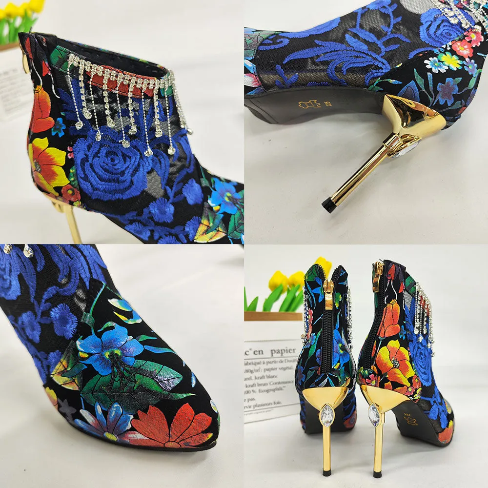 Mesh Pactwork Embroidery Heels Boots
