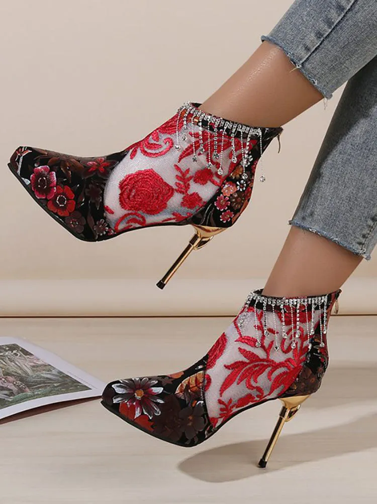 Mesh Pactwork Embroidery Heels Boots