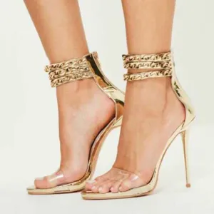 MetalChain Transparent Open Toe Ankle Wrap Stiletto High Heel Sandals