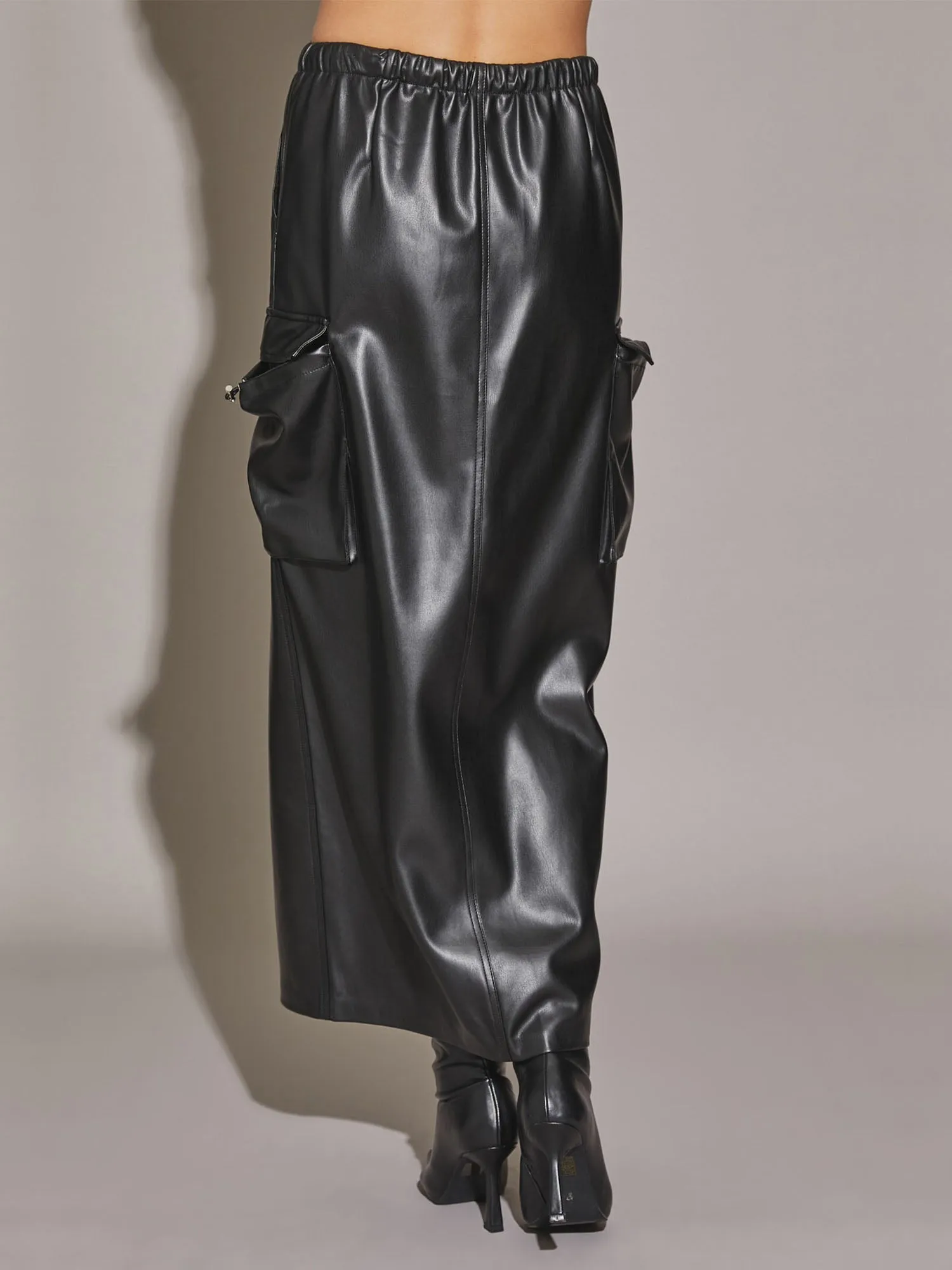 Mustard Seed Faux Leather Front Slit Cargo Pocket Midi Skirt - Brands We Love