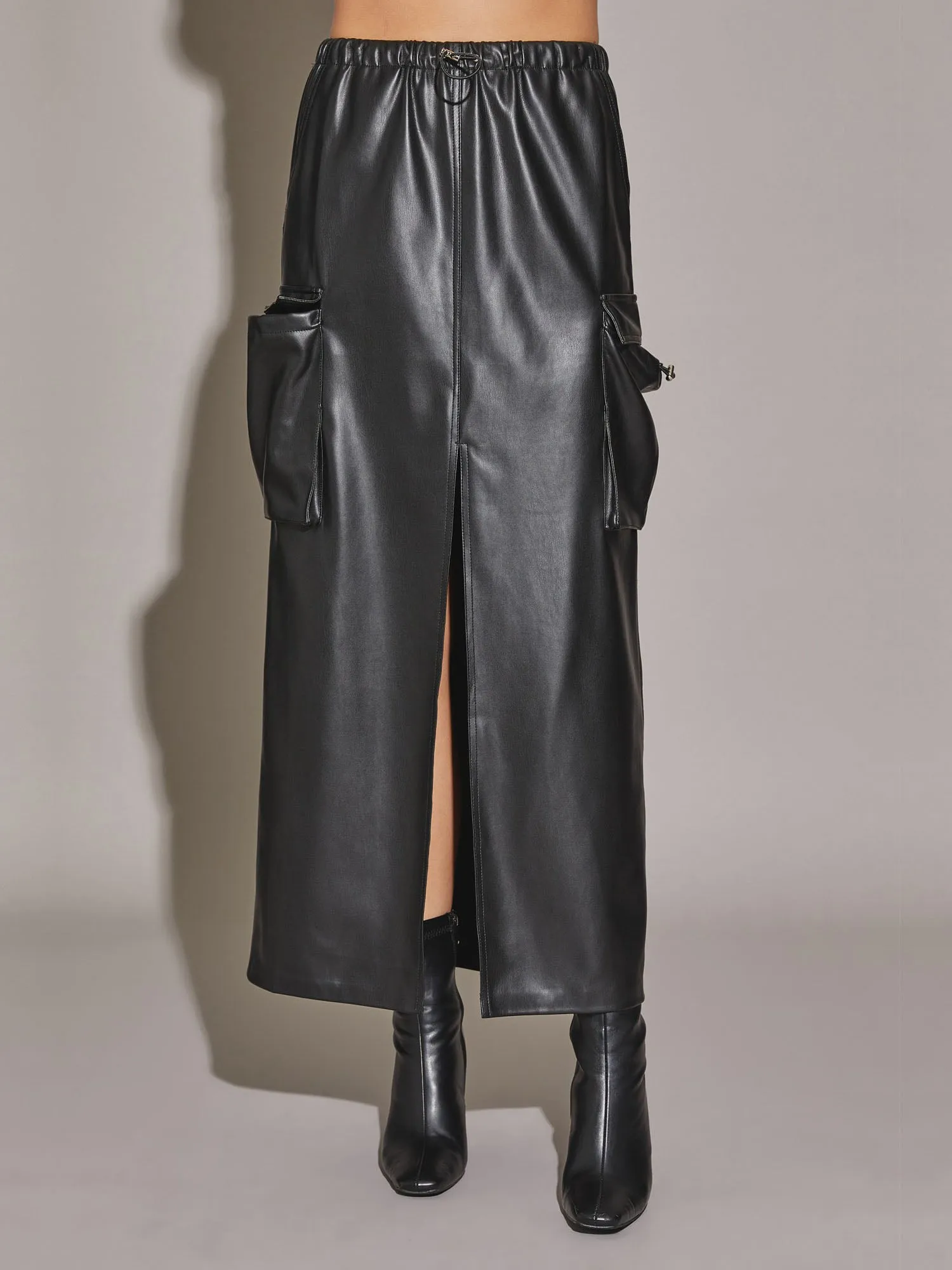 Mustard Seed Faux Leather Front Slit Cargo Pocket Midi Skirt - Brands We Love