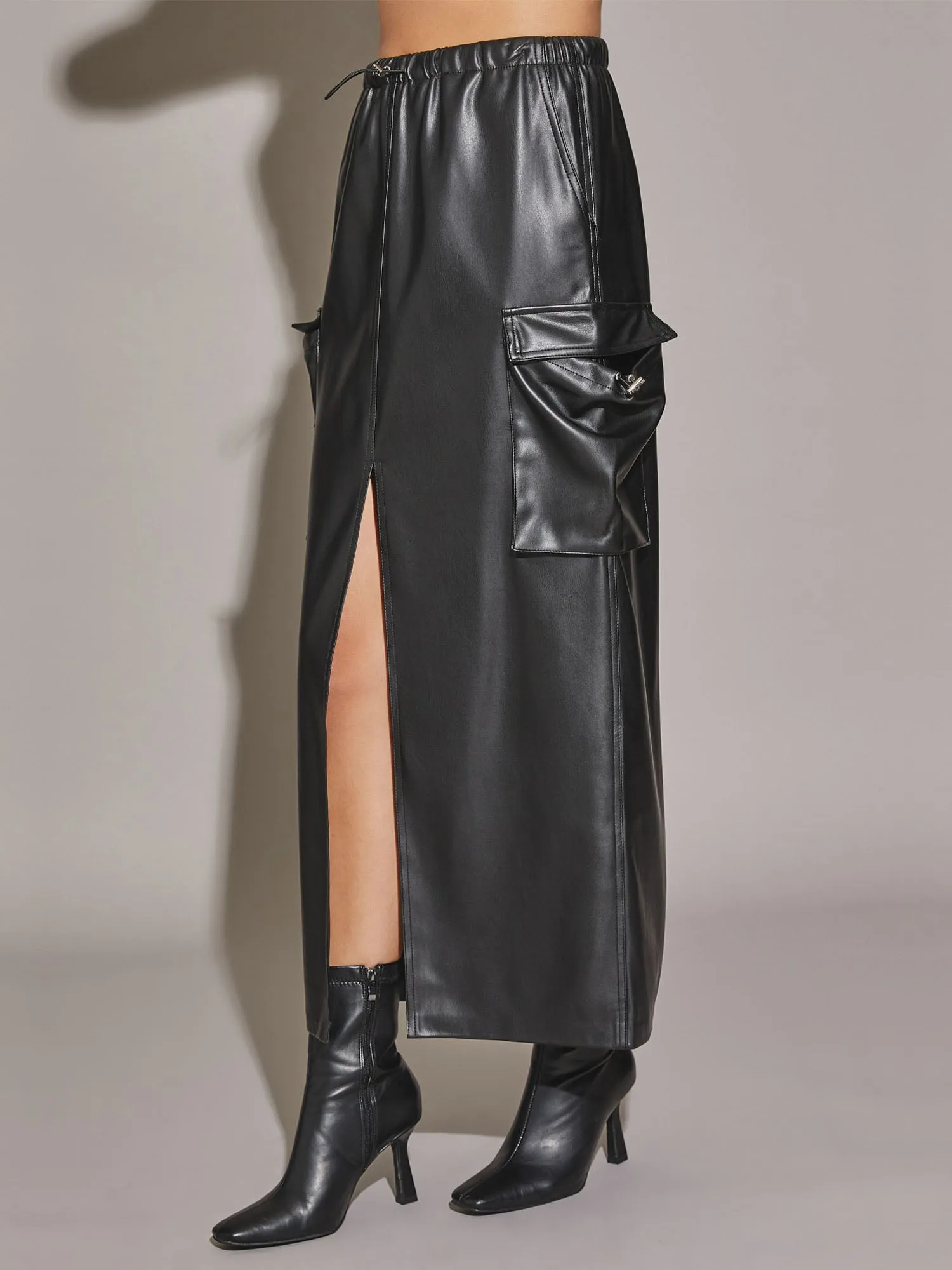 Mustard Seed Faux Leather Front Slit Cargo Pocket Midi Skirt - Brands We Love