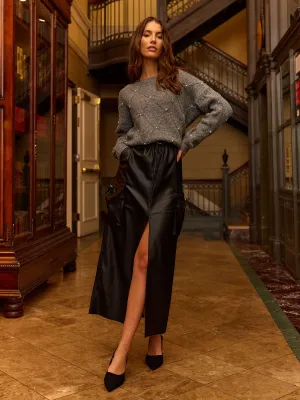 Mustard Seed Faux Leather Front Slit Cargo Pocket Midi Skirt - Brands We Love