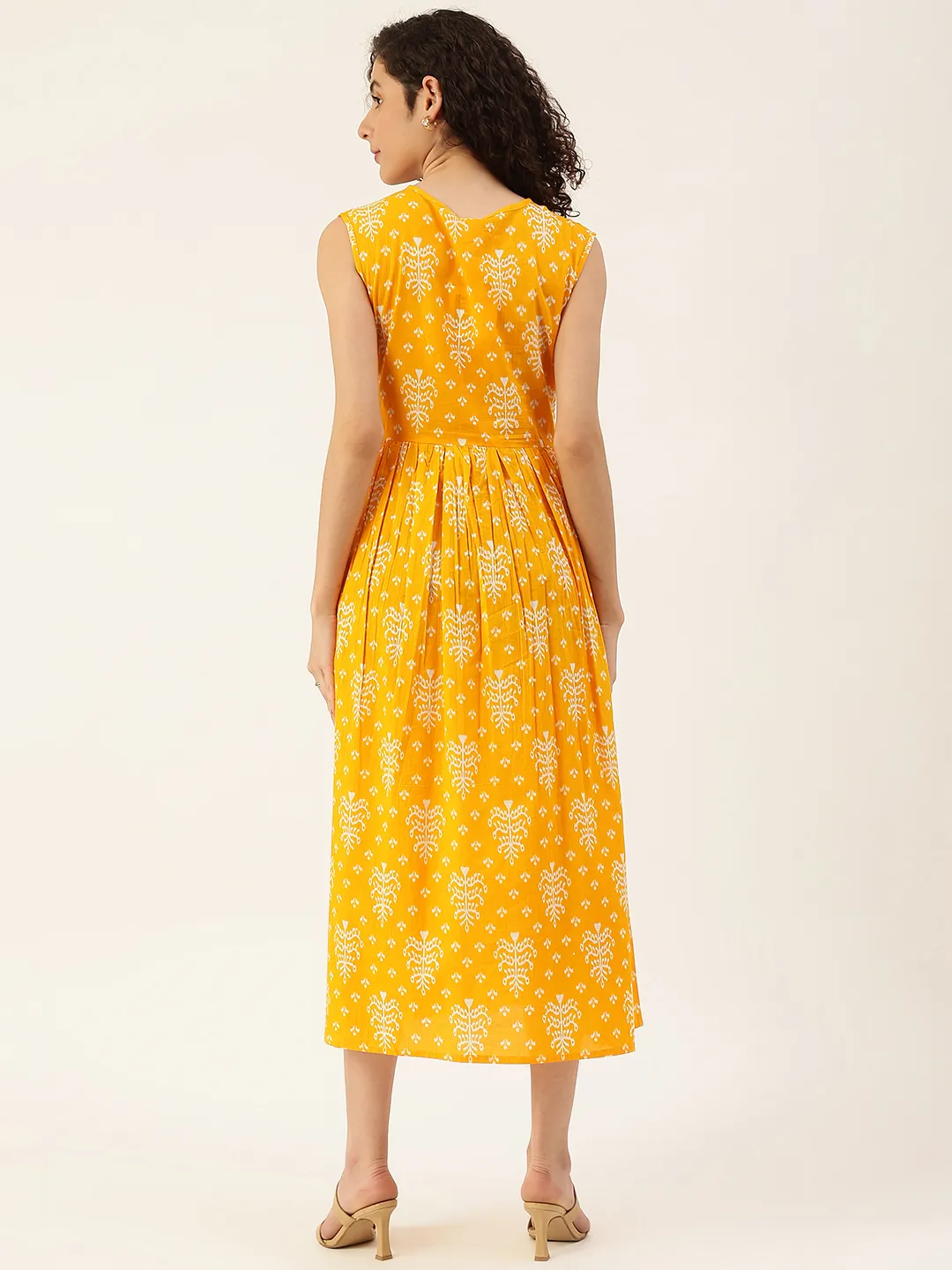 Orange Cotton  Ethnic Motifs A-Line Midi Dress