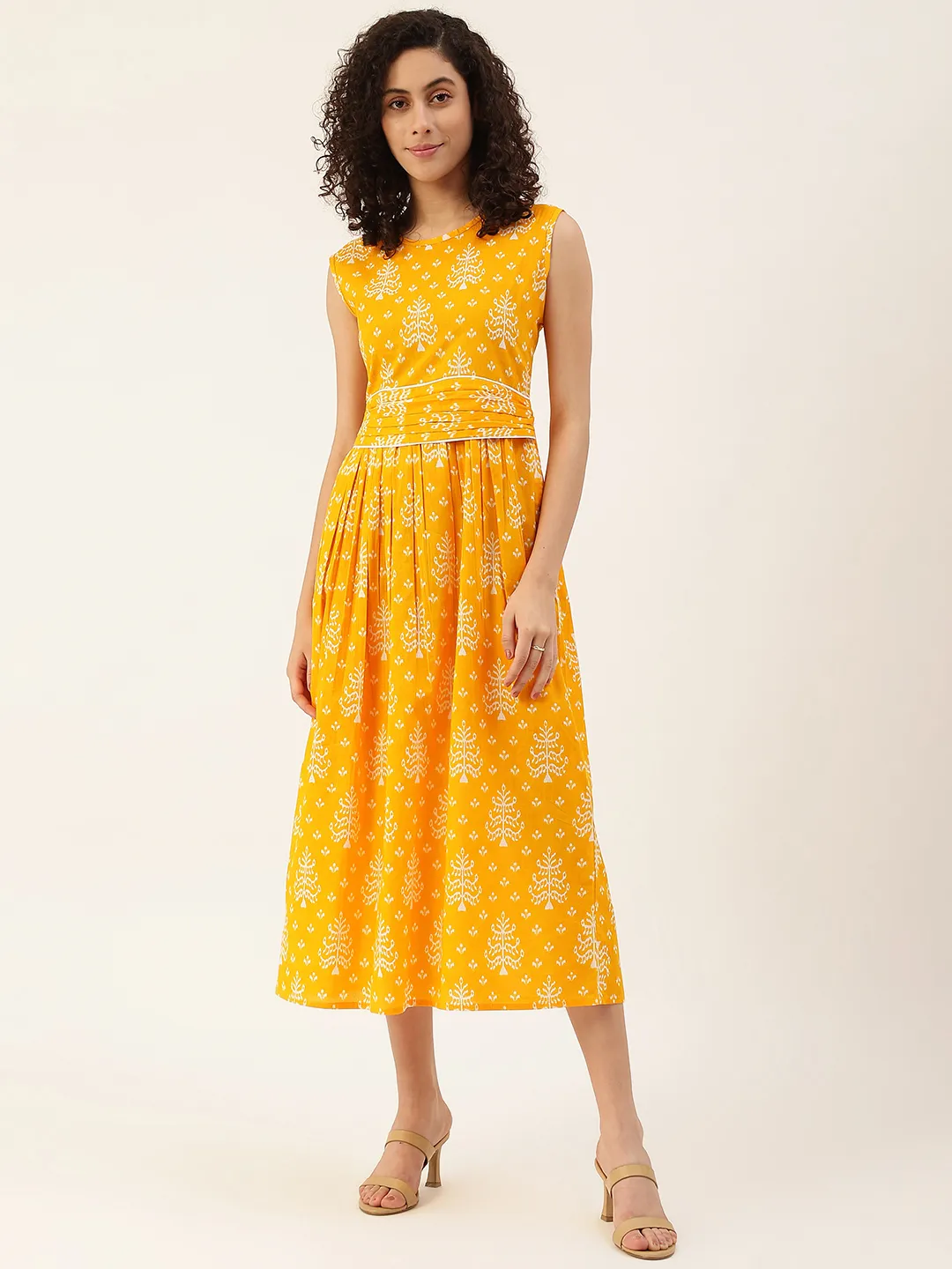 Orange Cotton  Ethnic Motifs A-Line Midi Dress