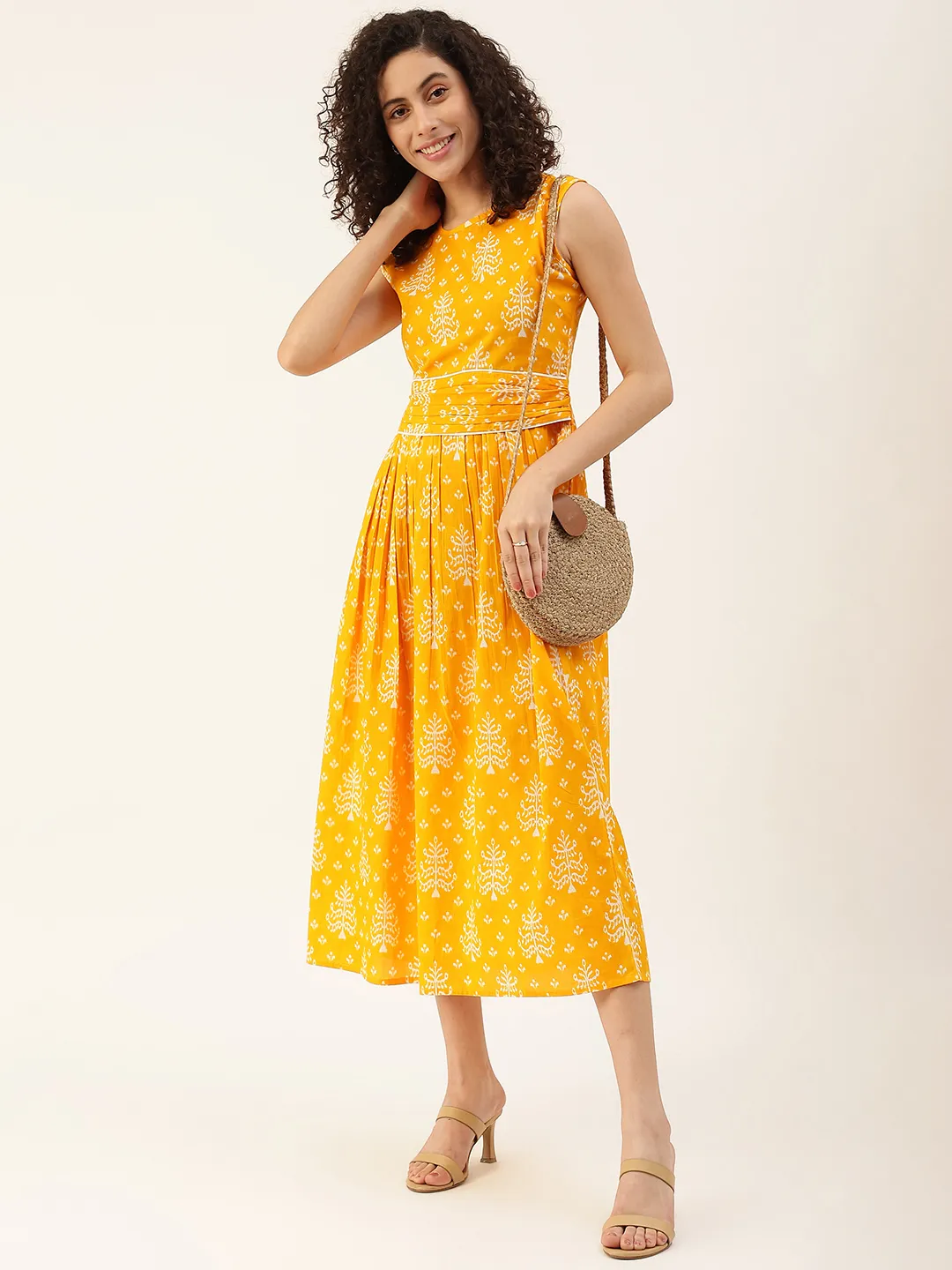 Orange Cotton  Ethnic Motifs A-Line Midi Dress