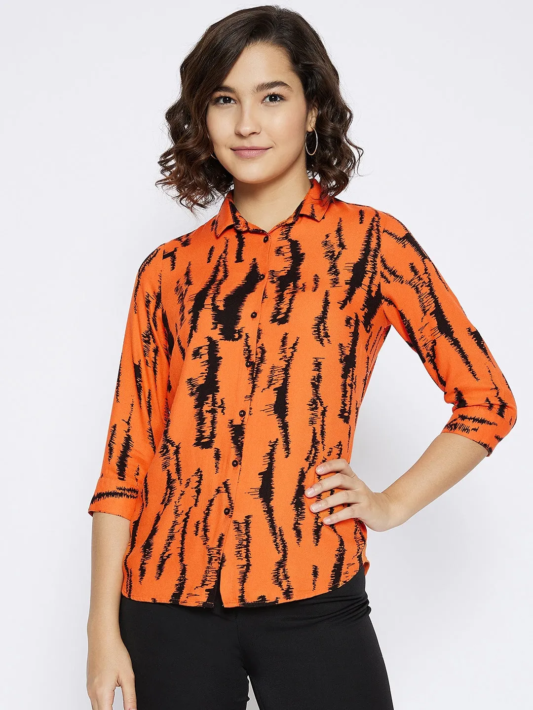 Orange Printed Slim Fit shirt