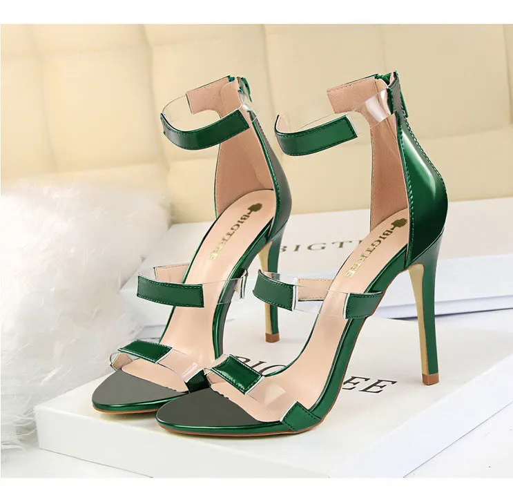 Patchwork Transparent Open Toe Zipper Stiletto High Heel Sandals