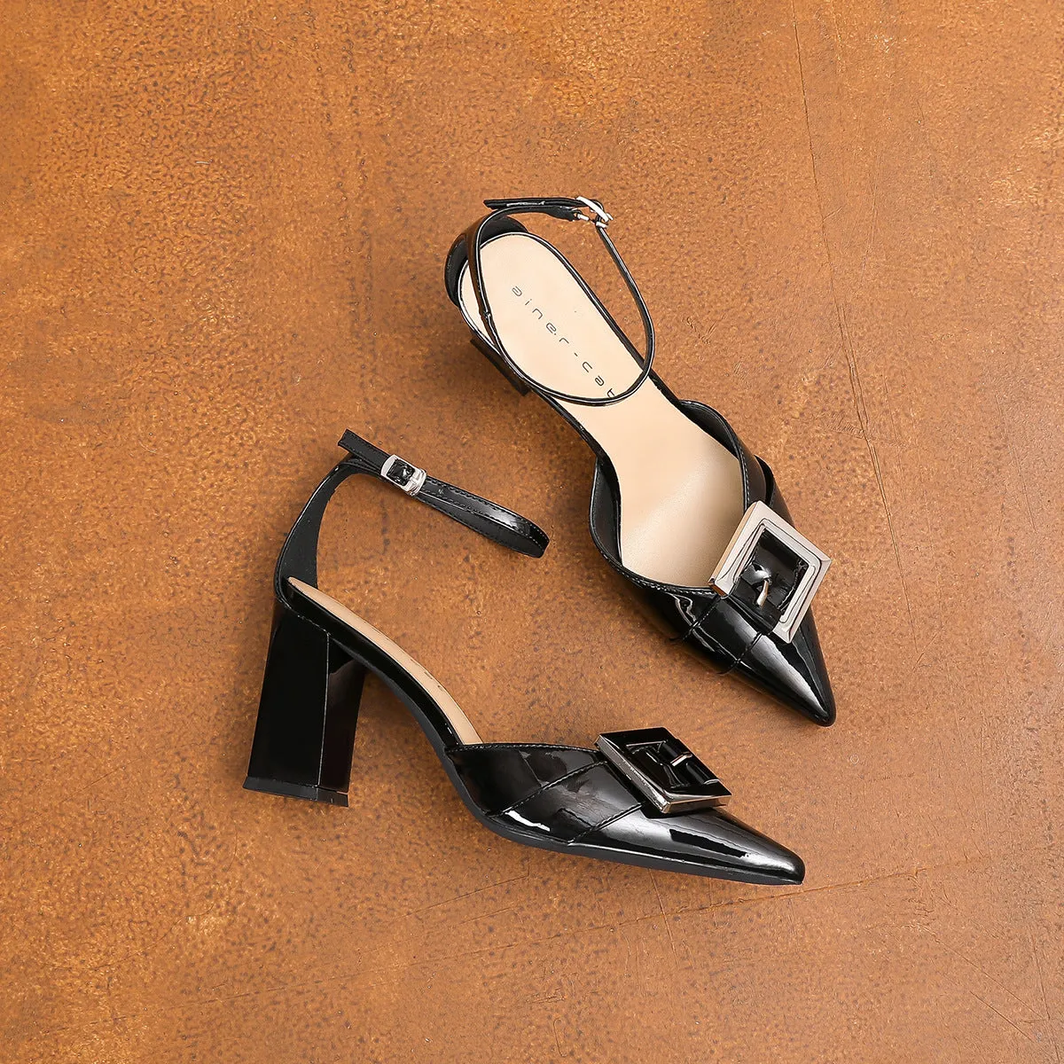 Patent Leather Block Heel Pumps with Buckle – CLAUDIA