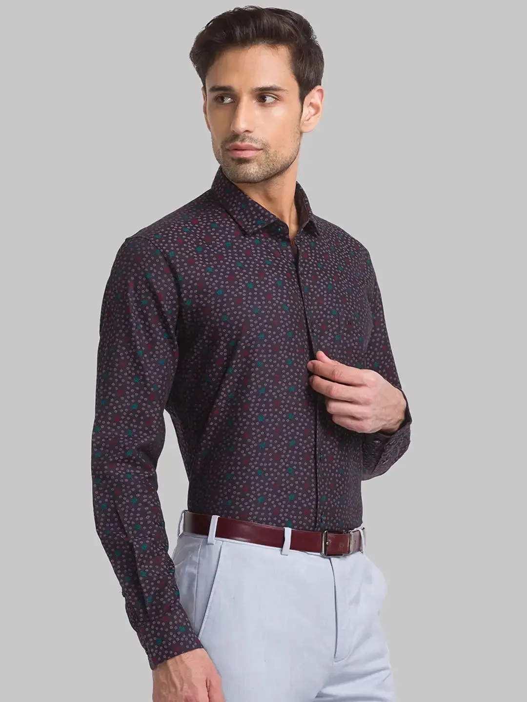 Raymond Men Brown Jacquard Contemporary Fit Cotton Casual Shirt