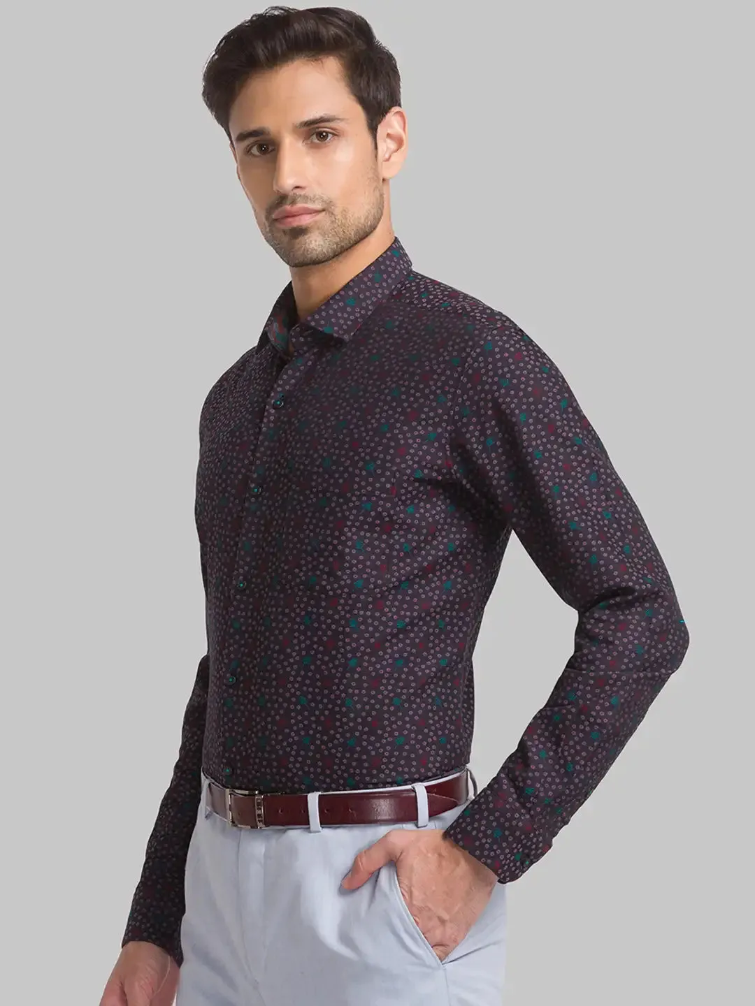Raymond Men Brown Jacquard Contemporary Fit Cotton Casual Shirt