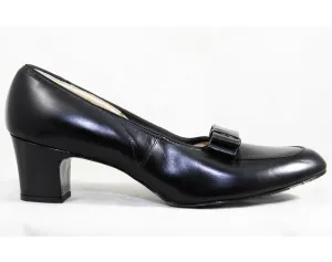 Size 9 Black Shoes - Authentic 1960s 9AA Narrow Pumps - Fine Leather Shoe with Mod Loafer Style Buckle - Secretary Chic 60s Deadstock