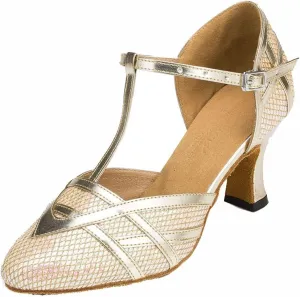 TDA Women's T-Strap Glitter Synthetic Salsa Tango Ballroom Latin Party Dance Shoes 5.5 Light Gold-7cm Heel