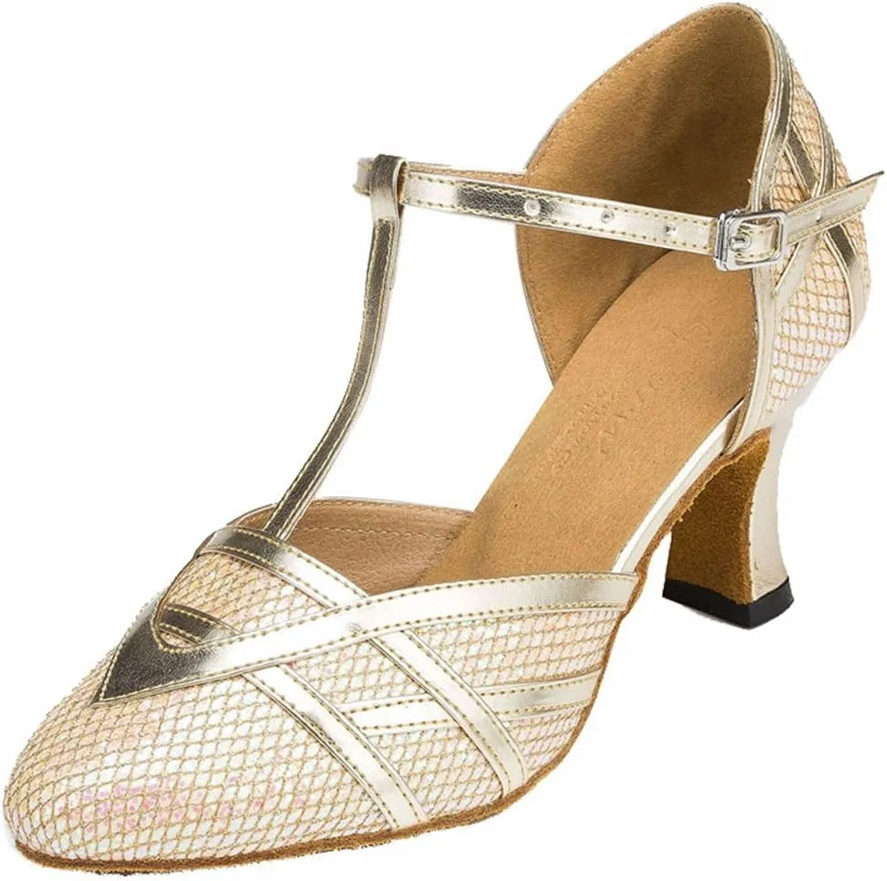 TDA Women's T-Strap Glitter Synthetic Salsa Tango Ballroom Latin Party Dance Shoes 5.5 Light Gold-7cm Heel