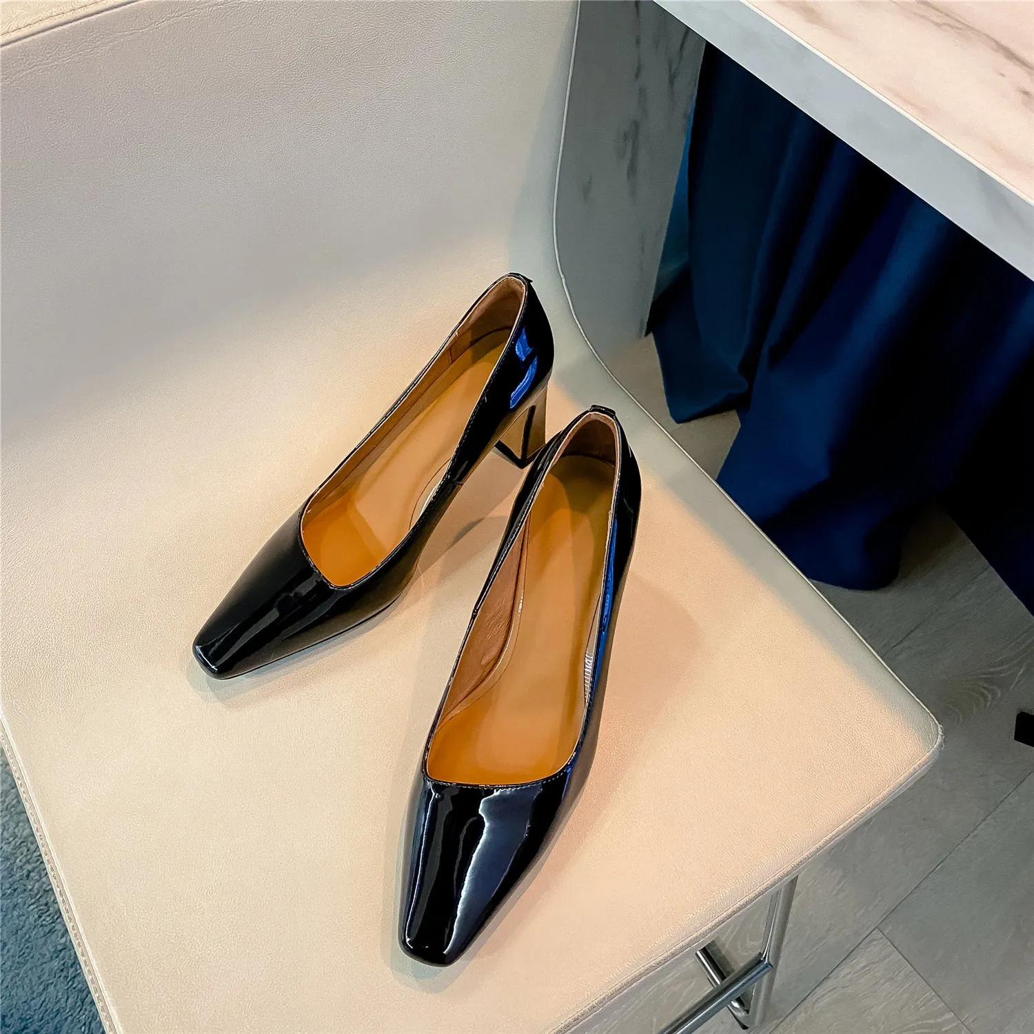 TinaCus Women's Patent Leather Handmade Square Toe Mid Heels Slip On Chic Pumps Shoes