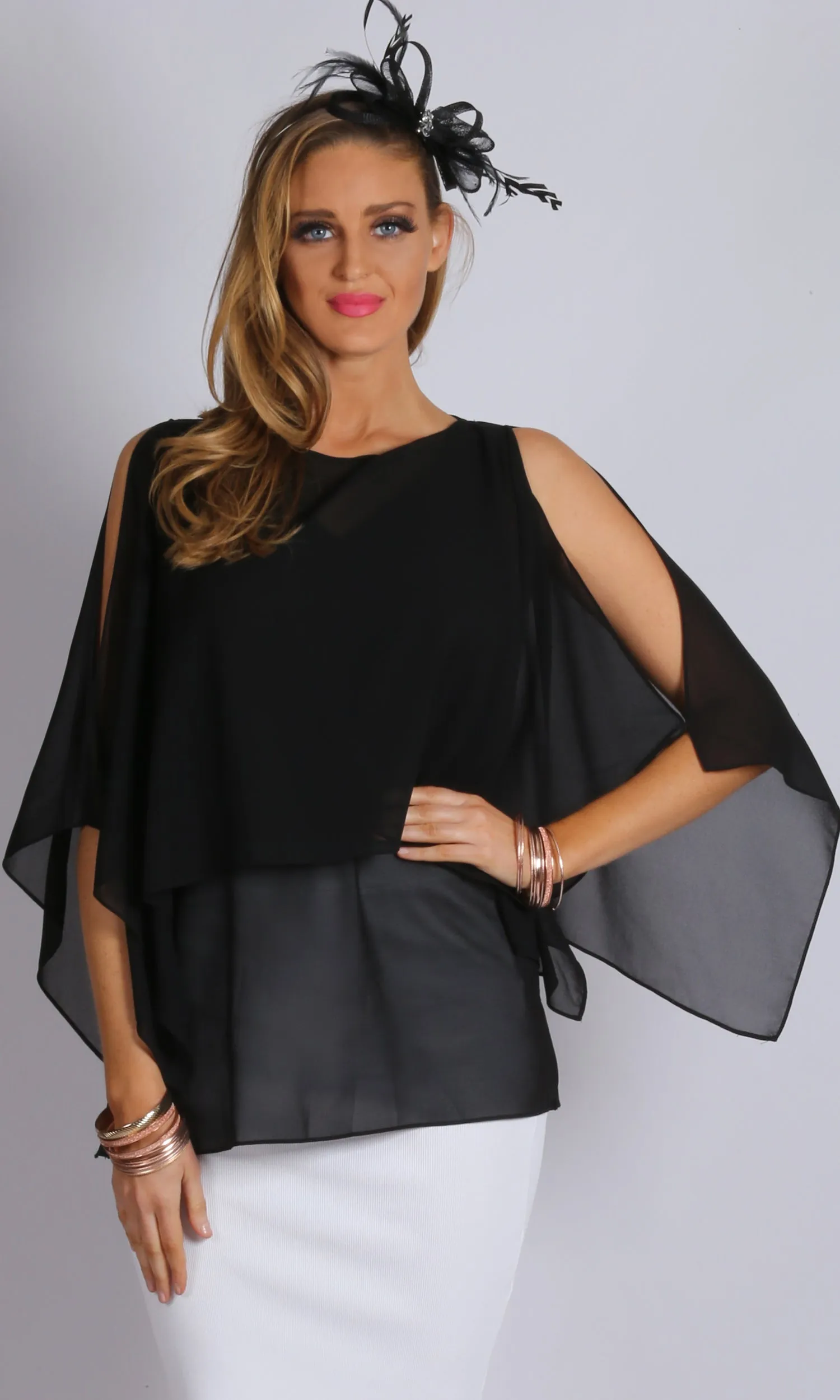 VS7134-2TB Chiffon Cold Shoulder Overlay Top (Pack)