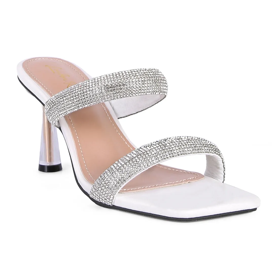 White Diamante Mid Heel Slide Sandals